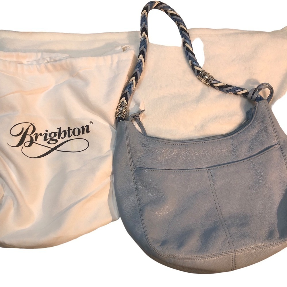 Leather Brighton Baby Blue Barbados Zip Tote Hobo w/ Silver Charm, Braided Strap